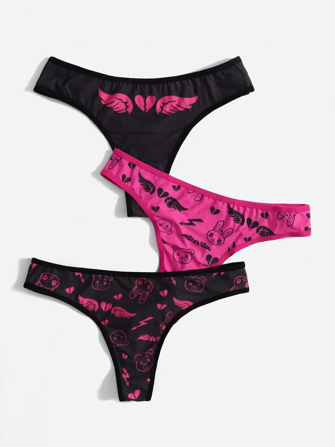 Kawaii Anime Japan Cute Cartoon Black Pink Microfiber Thong Panties – Pack of 3
