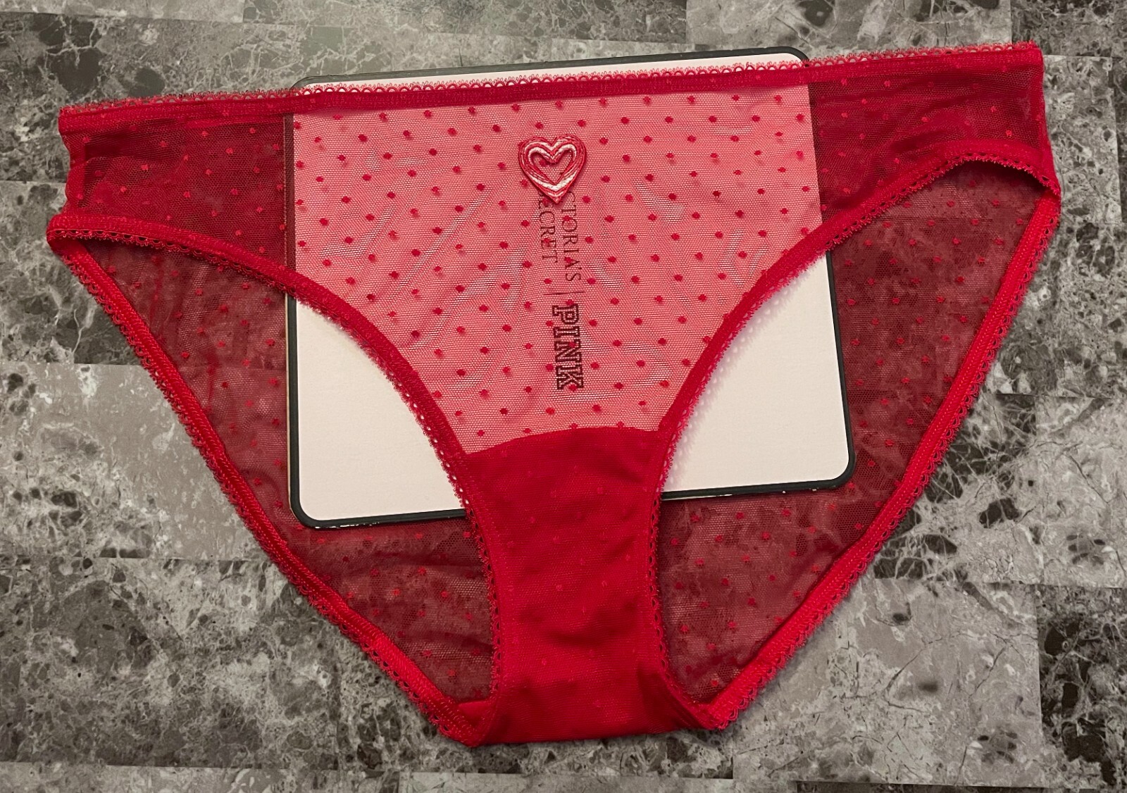 NWOT VICTORIA’S SECRET RED POLKA DOTTED MESH EMBROIDERED HEART BIKINI PANTIES