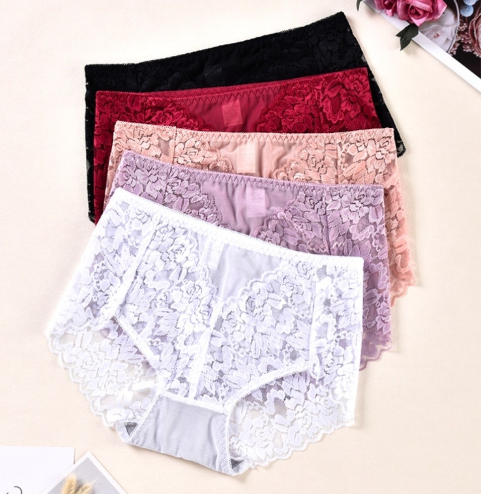 3 Pack Plus Size Lace Sheer Panties Mid Rise Briefs Double Layer Gusset Sexy