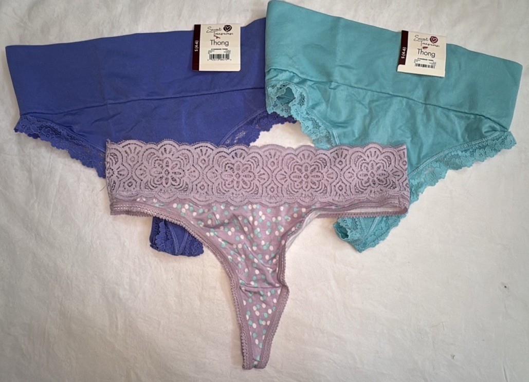 3 Secret Treasures Thong Panties Size Small (4-6) NWT Purple Blue Pink