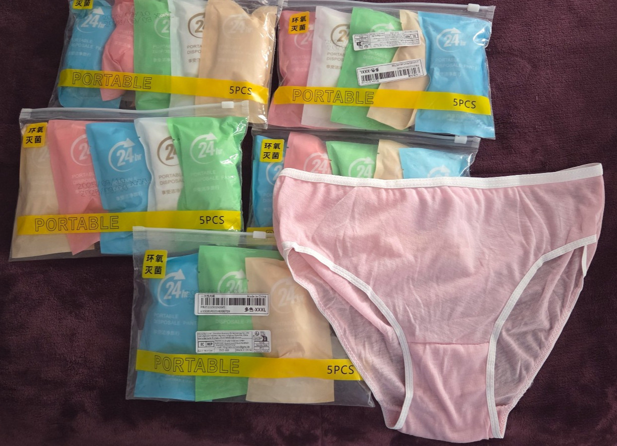 24 Pc Womens Disposable Cotton Travel Panties Asst Colors XXXXL – Made in China