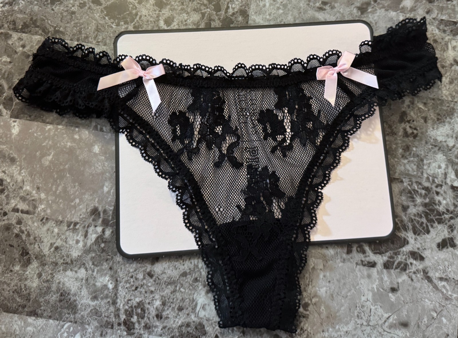 NWT VICTORIA’S SECRET SEXY LITTLE THINGS L BLACK LACE RUFFLE RARE THONG PANTIES