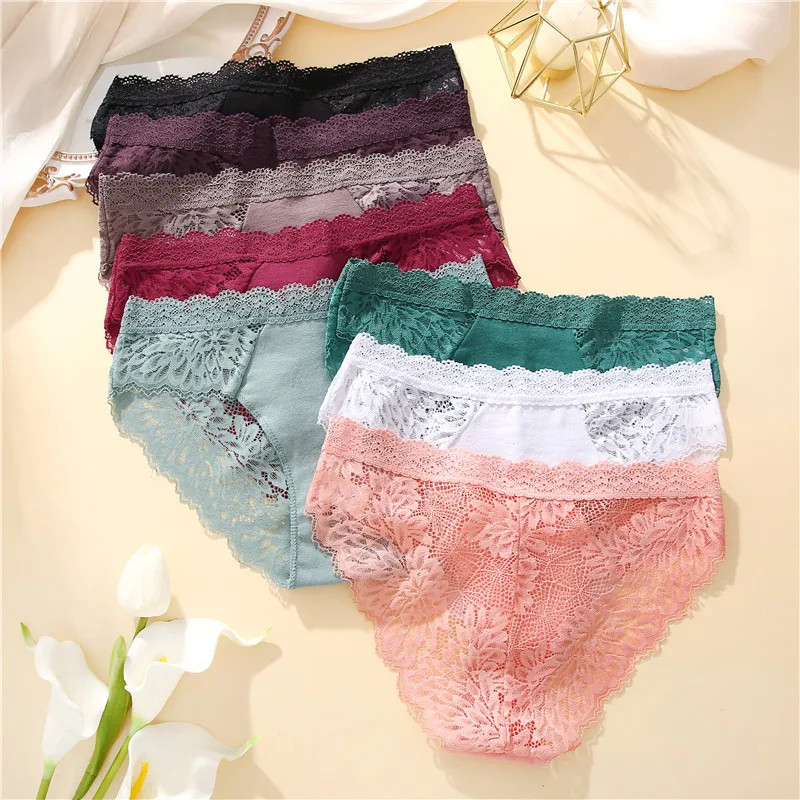 4PCS/Set Women Back Lace Panties Patchwork Cotton Underpants
