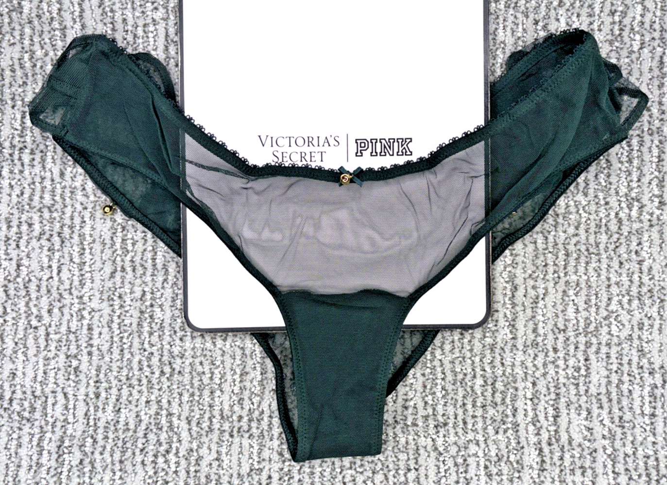 Victorias Secret Very Sexy NWT Medium Green Jingle Bell Mesh Ruffle Cheeky Panty