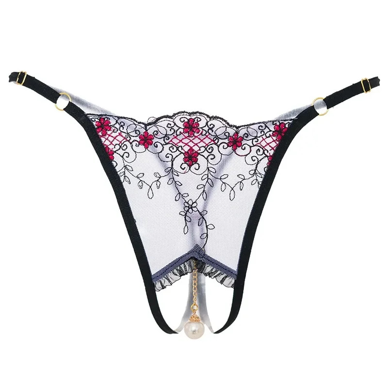 Pearl Pendant Crotchless Open Thongs Women Lace Transparent Embroidery G String