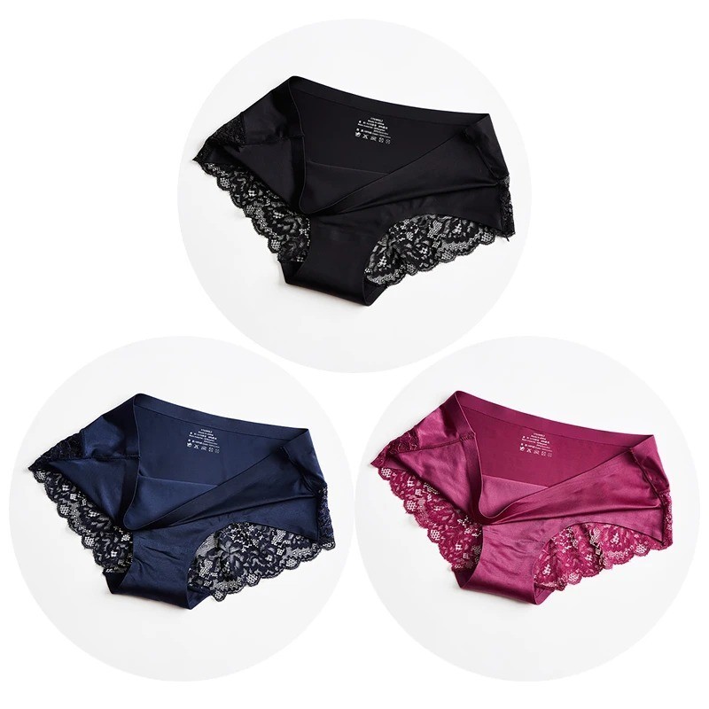 3PCS Women Lace Satin Panties Set Sexy Breathable Underwear Plus Size Soft Brief