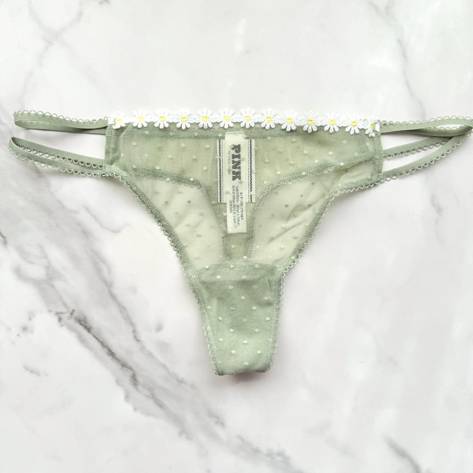 PINK Victoria’s Secret Wink Strappy Dot Mesh Thong Panty Green Garden SZ L/XL