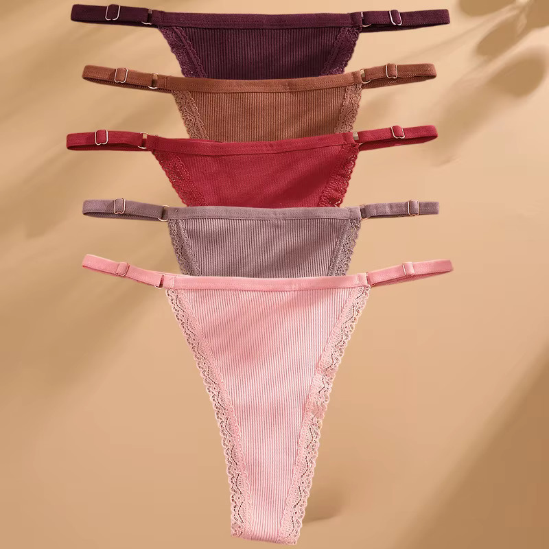 5 Cotton Panties G-String Women’s T-Back Lingerie Briefs Adjustable Waist Thong