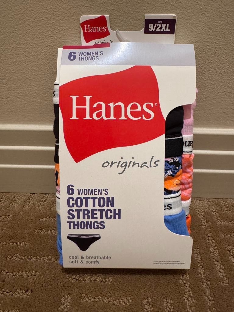 NIP ~ HANES Originals ~ 6 Pack Cotton Stretch THONGS ~ Solid/Floral ~ Size 9/2XL
