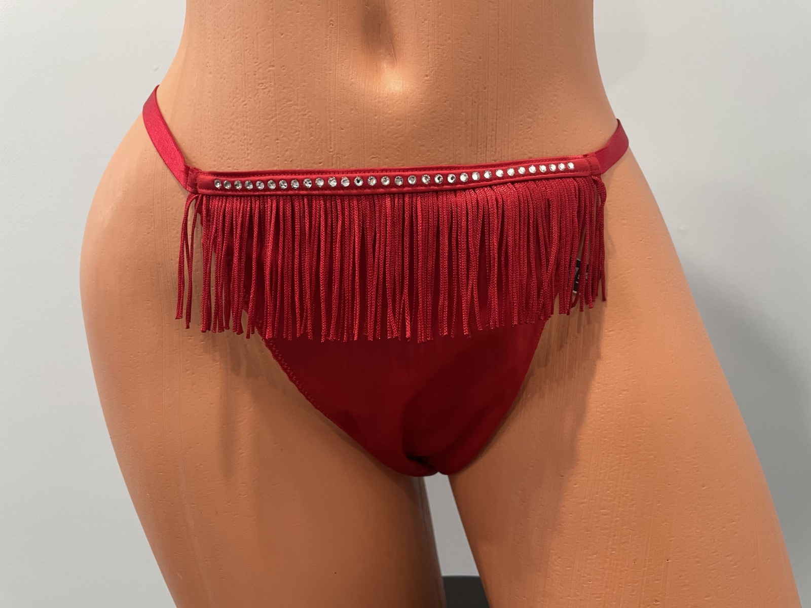 Victoria’s Secret V-String Thong Panties Red Rhinestone Fringe Front -L-