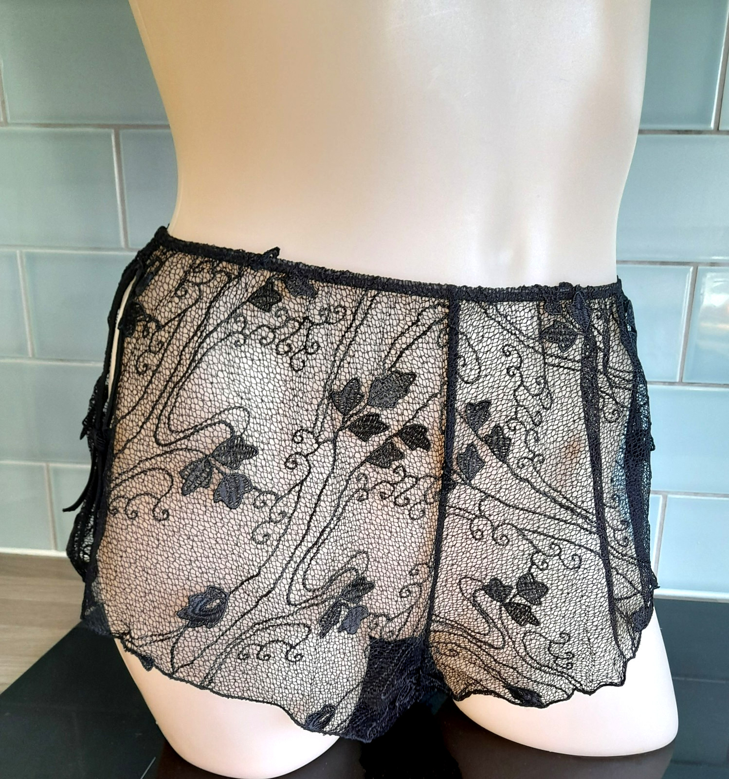 Janet Reger London Sheer Black Mesh and Embroidered SCARLETT French Knickers