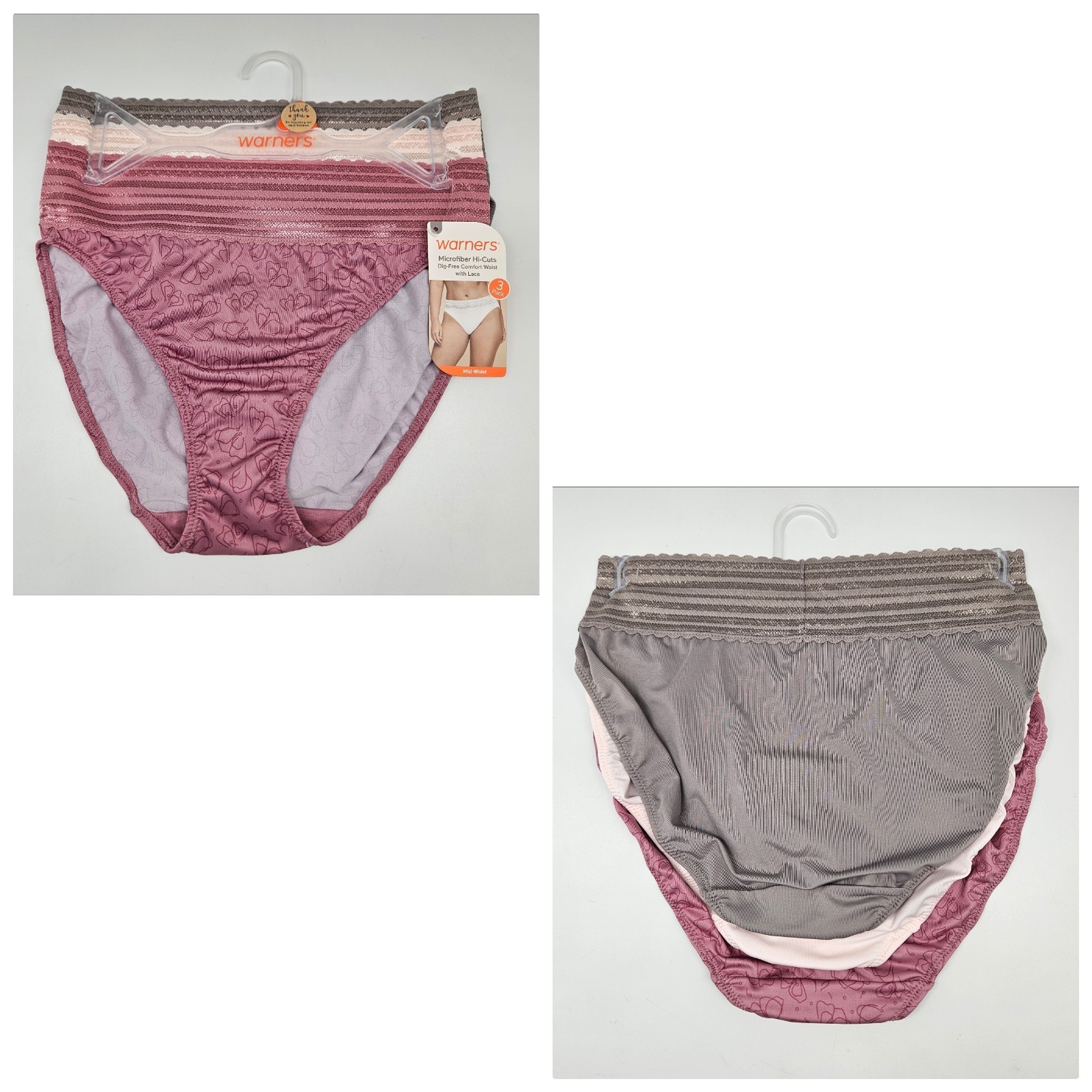 3 Pack WARNERS Women’s M L XL Micro Hi Cuts Dig Free Mid Waist Taupe Cream Mauve