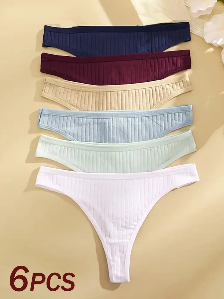 Low Rise Cotton Thong Panties Ribbed Stretch Breathable Soft Comfortable 6PCS