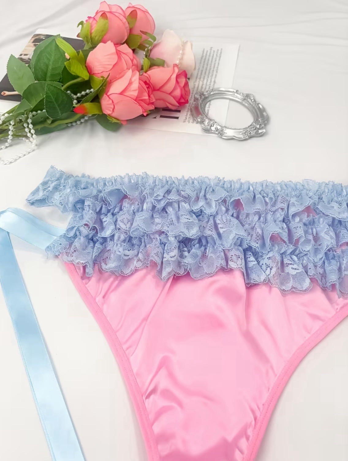 Women’s Cute Lace Shiny Fabric Gentle and Sweet Tie-Front Panties Size 1XL-18 UK