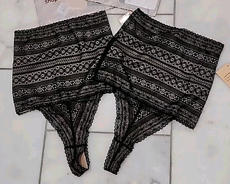 2 pack Popilush Shaperwear Panties High-waisted Underwear Lace Thong Black Sz S