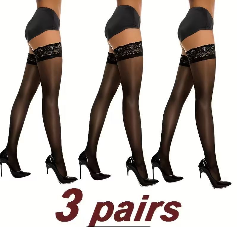 3x Elegant soft black stockings black lace trim sheer thigh high stretchy tops