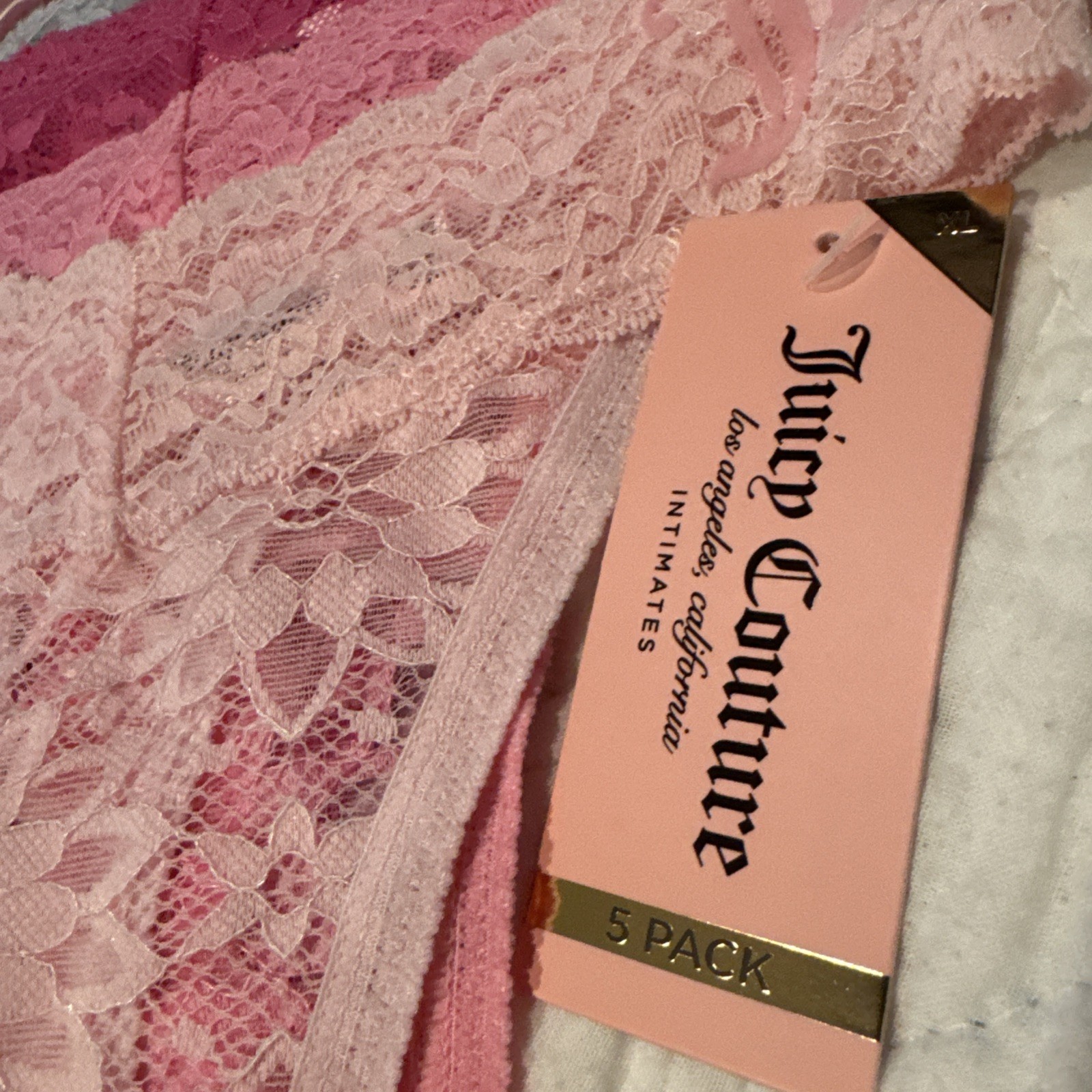JUICY COUTURE INTIMATES 5 PACK THONG PANTIES NYLON SPANDEX SIZE XL LACE