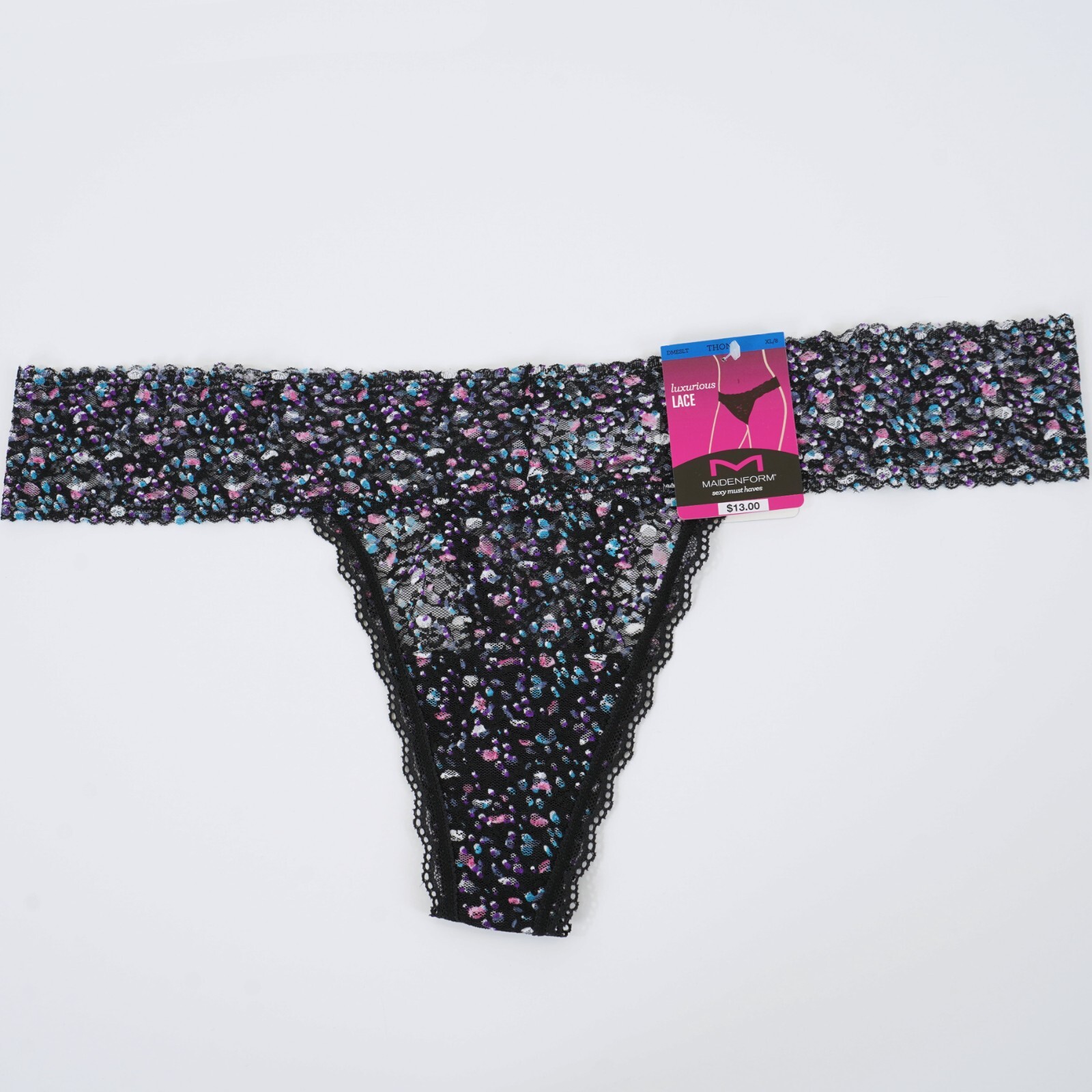 MAIDENFORM Women’s Size 8 X-LARGE Multicolor DOT BLACK LACE THONG Panty #DMESLT