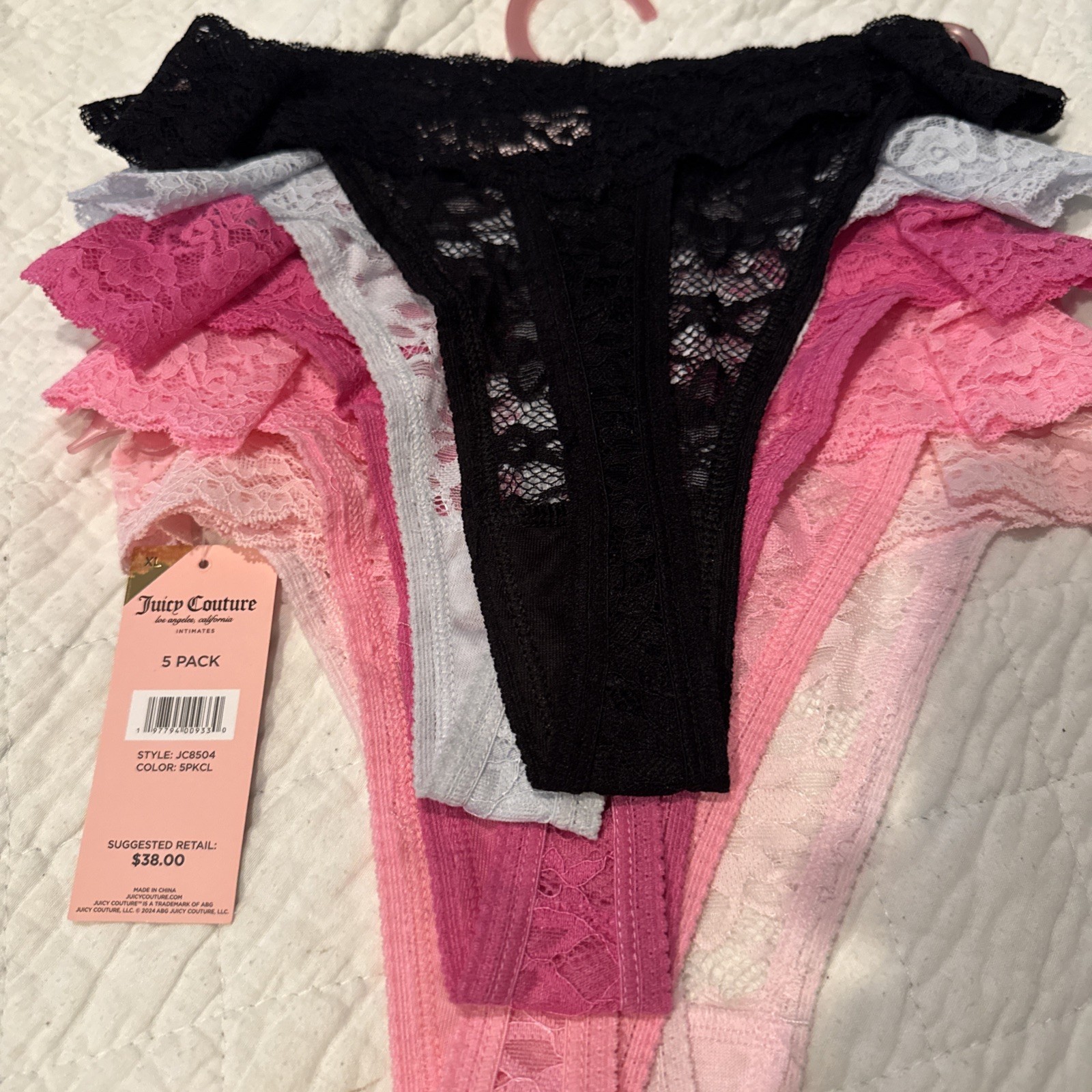 JUICY COUTURE INTIMATES 5 PACK THONG PANTIES NYLON SPANDEX SIZE XL LACE