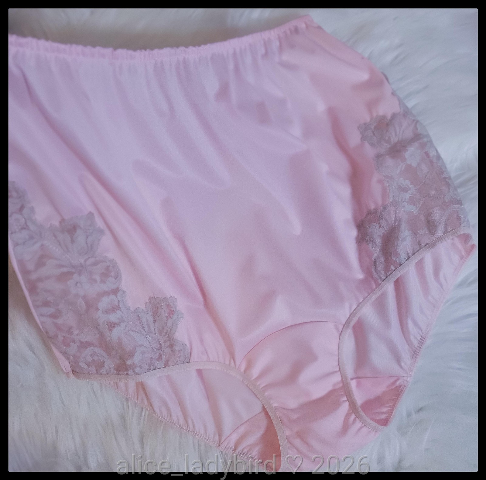 SILKY Vintage PANTIES Full BRIEF Pastel PINK Sheer FLORAL Lace Satin Nylon ~xl/8