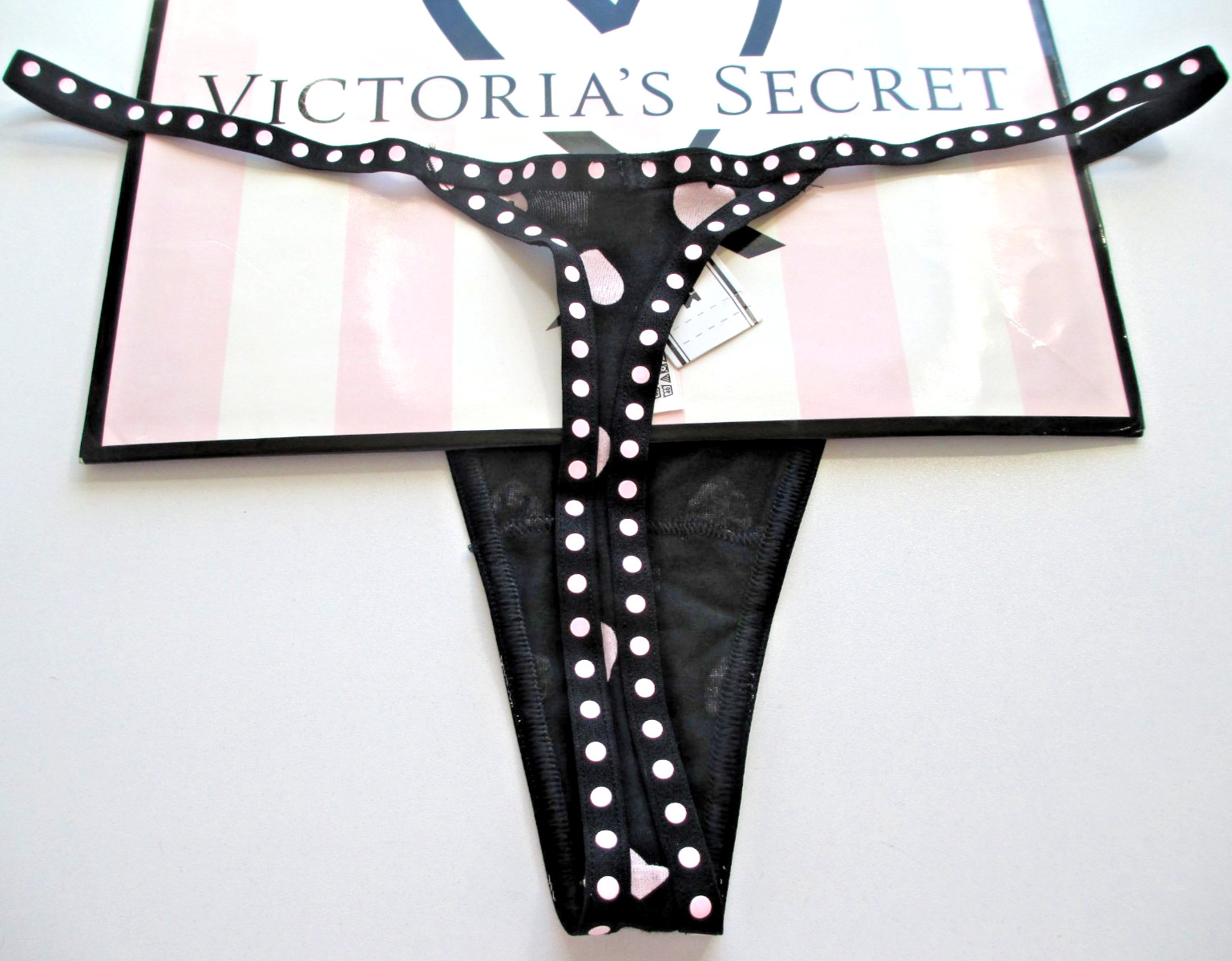VICTORIA’S SECRET PINK Cotton High Leg Thong Panty S M L XL Black Polka Dot NWT