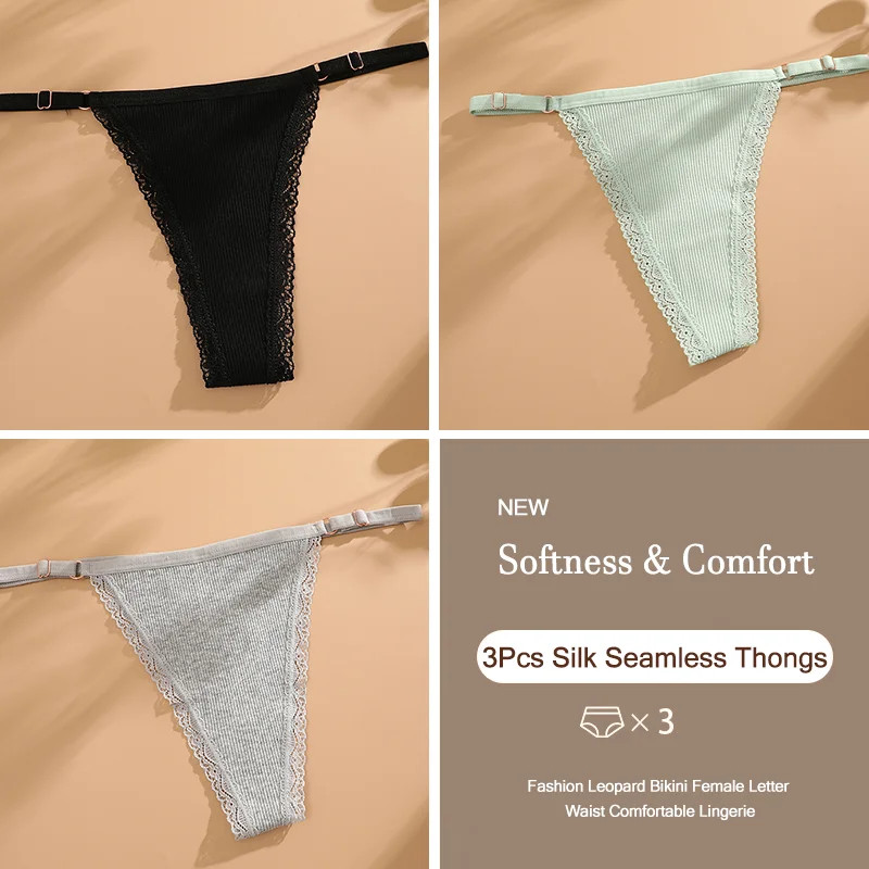Low Rise Thong Panties Cotton Seamless Stretch Breathable Adjustable Fit 3PCS