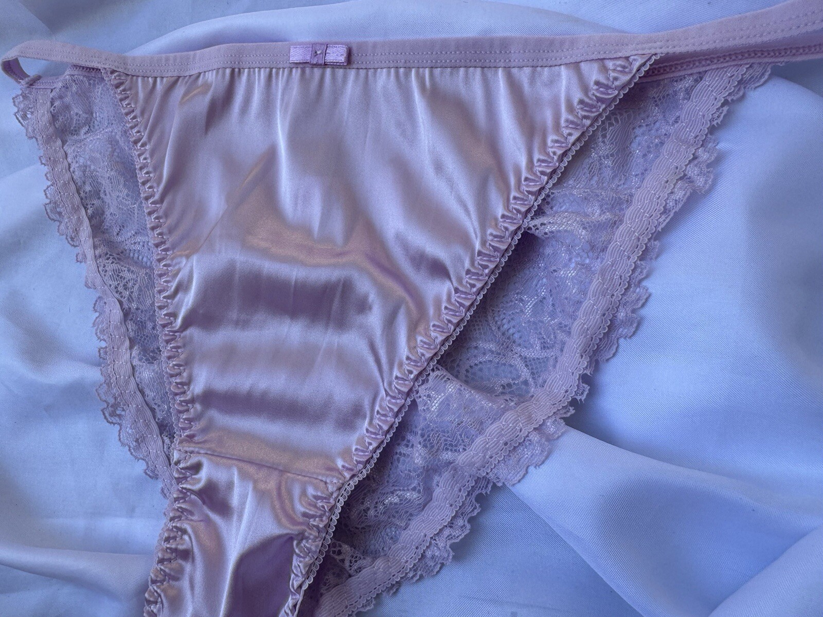 Soft Light Pale Pink Satin String Bikini Panties Delicate Lace Back Sz Med