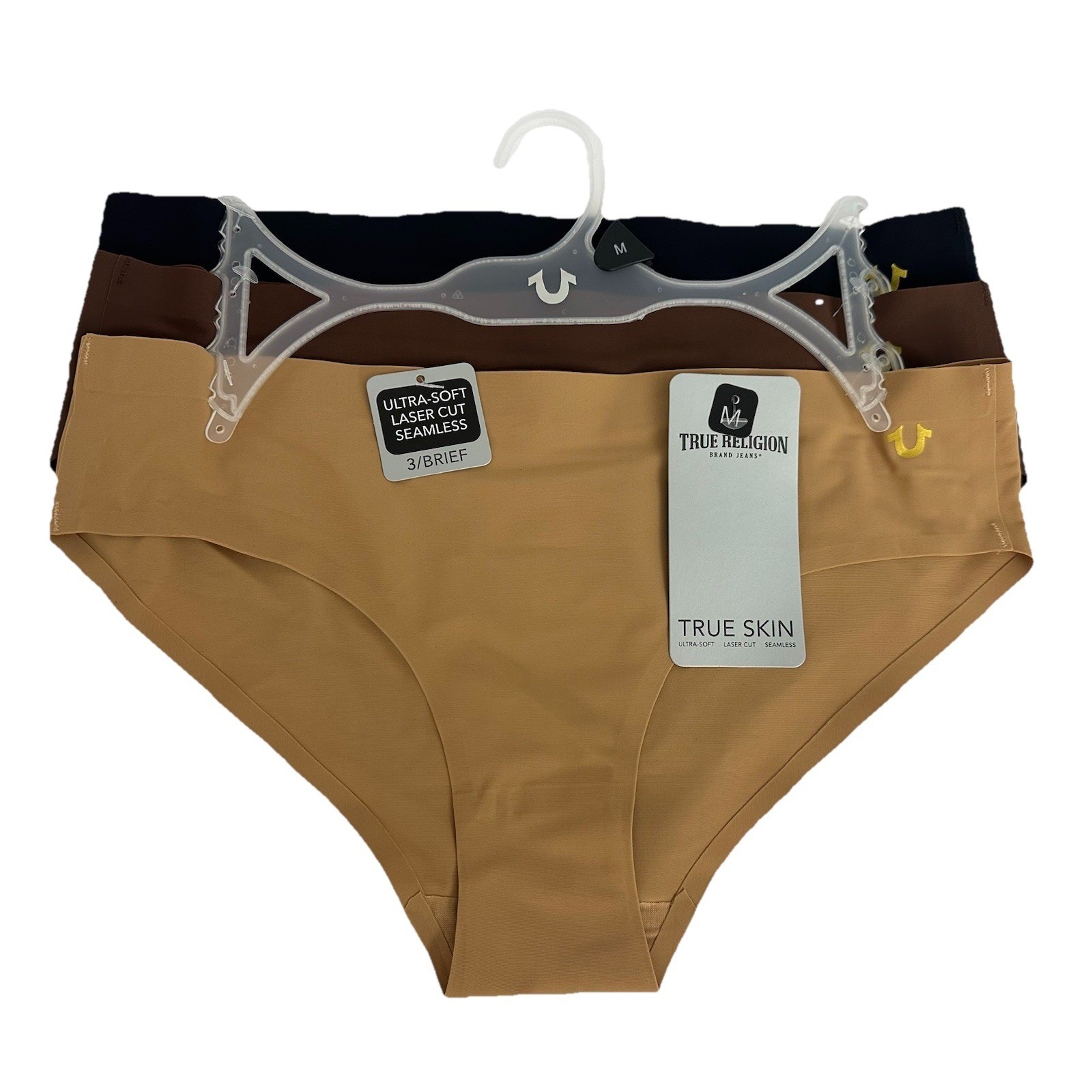 TRUE RELIGION 3-Pair TRUE SKIN Brief Panties Soft Laser Cut Seamless Logo Size M