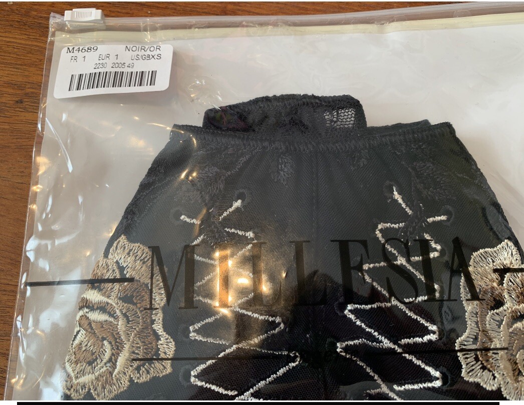 MILLESIA M4689 ~ BLACK / GOLD ROSE FLORAL EMBROIDERED TANGA PANTIES ~ XS