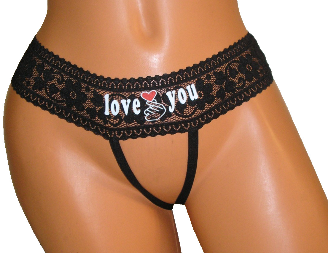 Panties Lingerie Love You Black Lace Crotchless 0XL Adult Gift