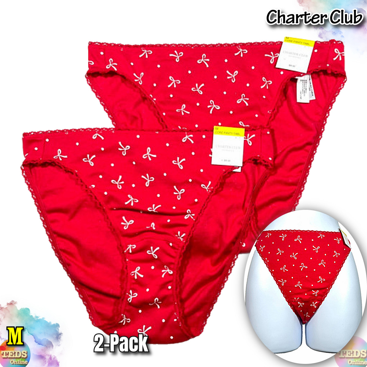 NWT Charter Club Women’s M High-Cut Bikini Panties 2-Pack, Red Holiday Bow Print