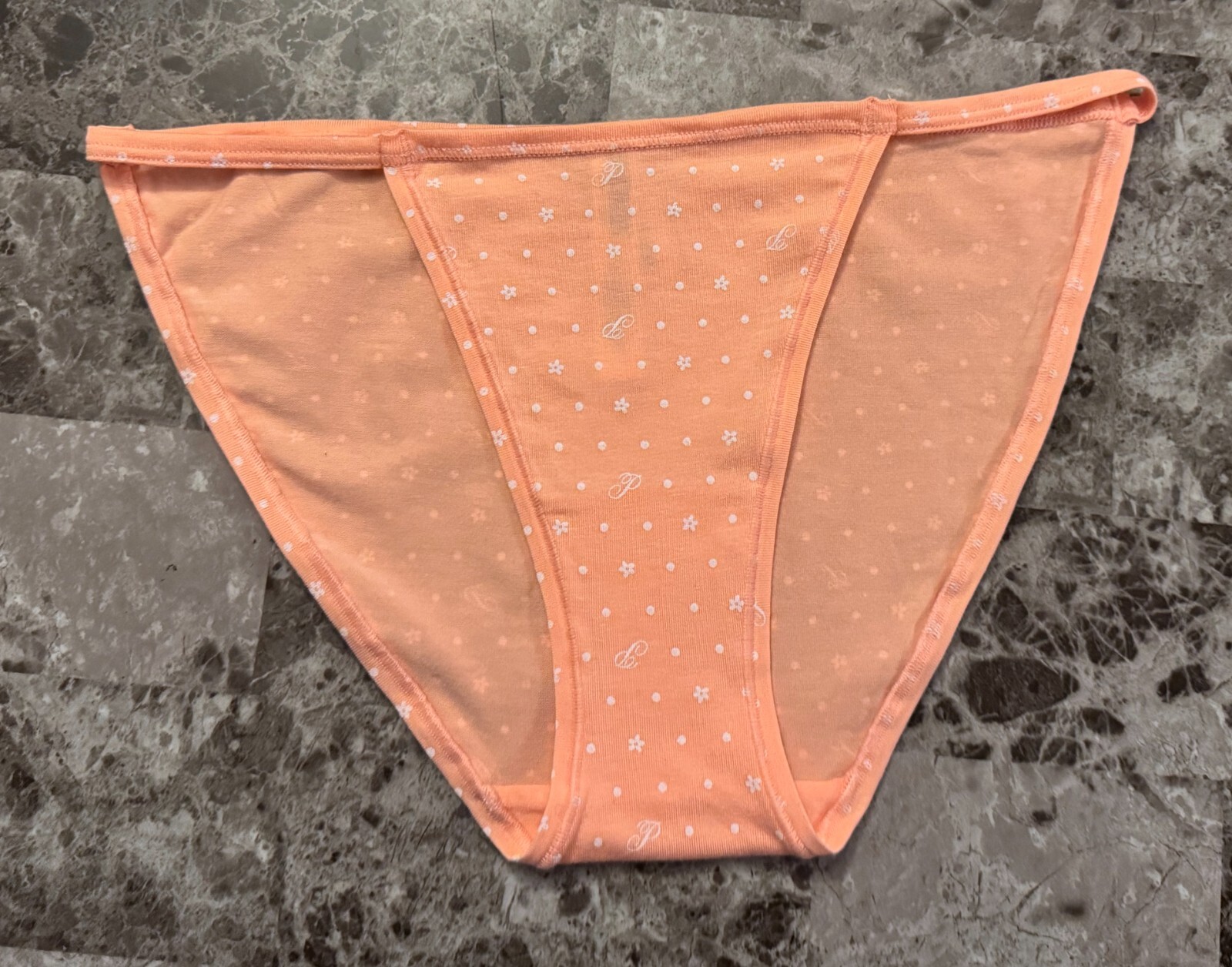 NWT VICTORIA’S SECRET PINK M PEACH POLKA DOT FLORAL LOGO STRING BIKINI PANTIES