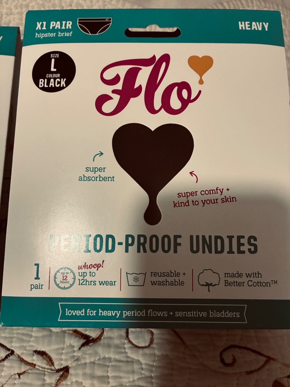 3 LOT Flo Period-Proof Undies, Hipster Brief , Washable, Size Large – New Black