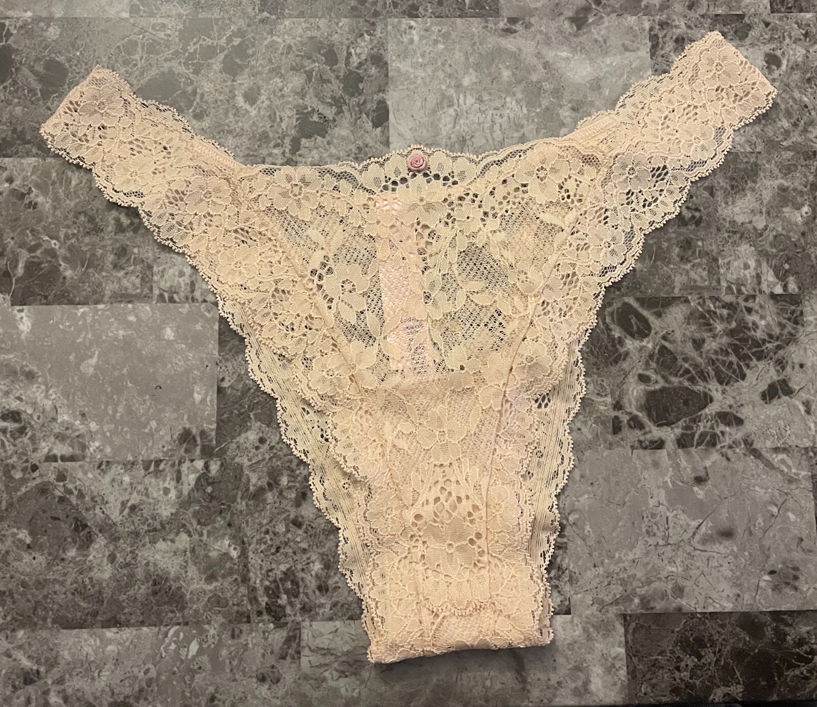 NWT VICTORIA’S SECRET L NUDE LACE PINK ROSE FLORAL APPLIQUE BRAZILIAN PANTIES