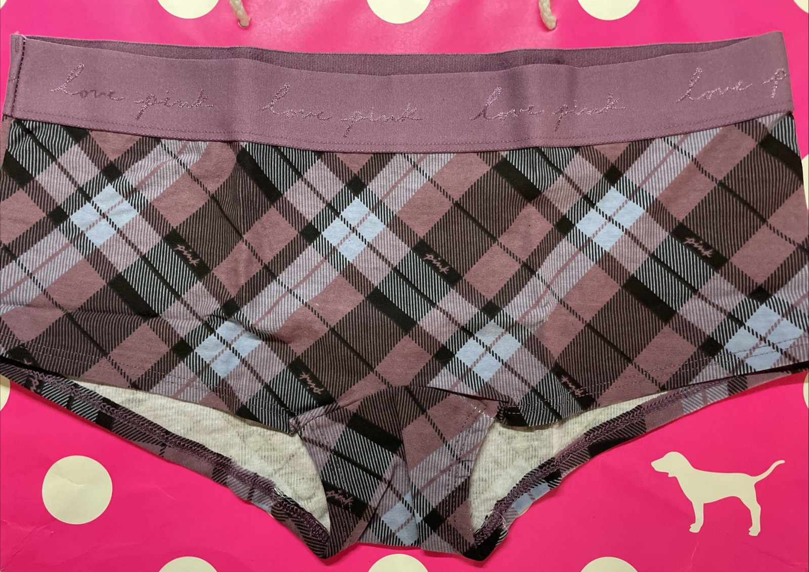 NEW 2021 Victoria Secret PINK Low Rise Boyshort Wide Logo Band Panty L Plaid