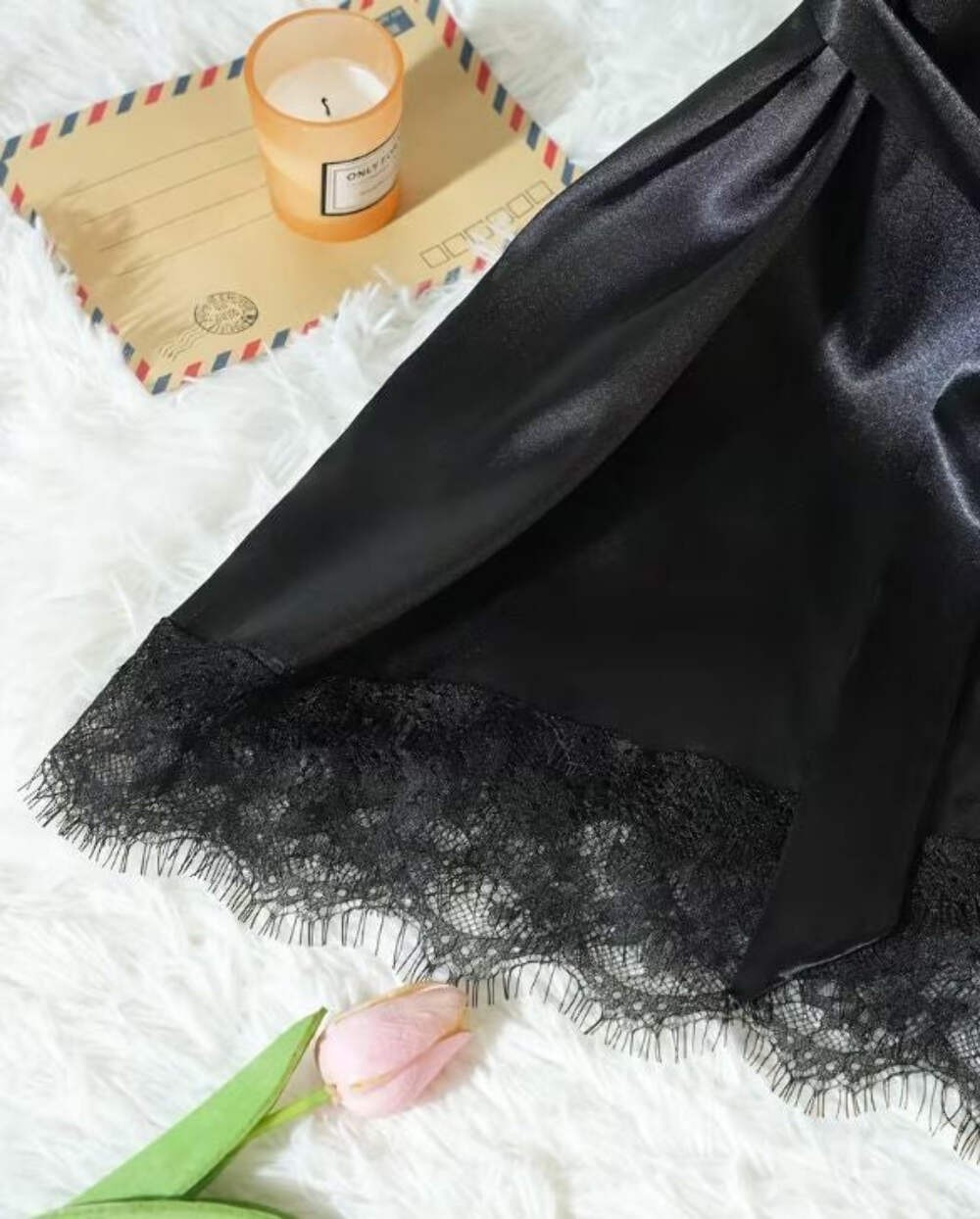 Silky feel black satin black lace trim 4 piece lingerie set size 12-14 (L)