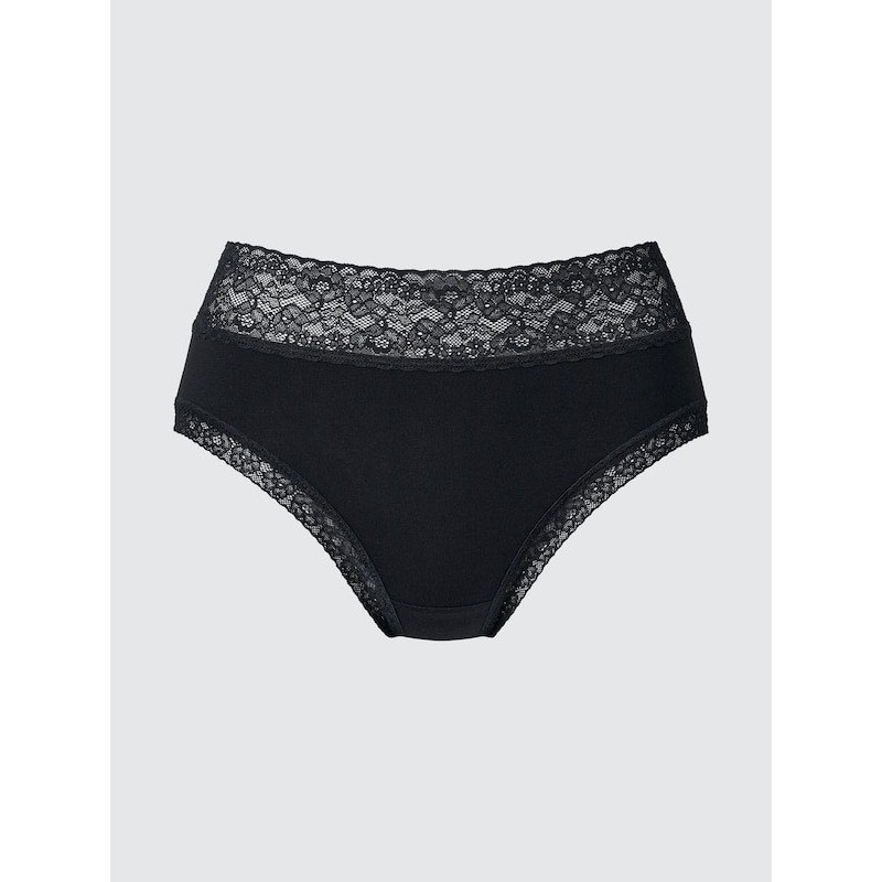 Uniqlo Soft Modal Just Waist Briefs Black Lace Trim High Rise Panties Large NEW