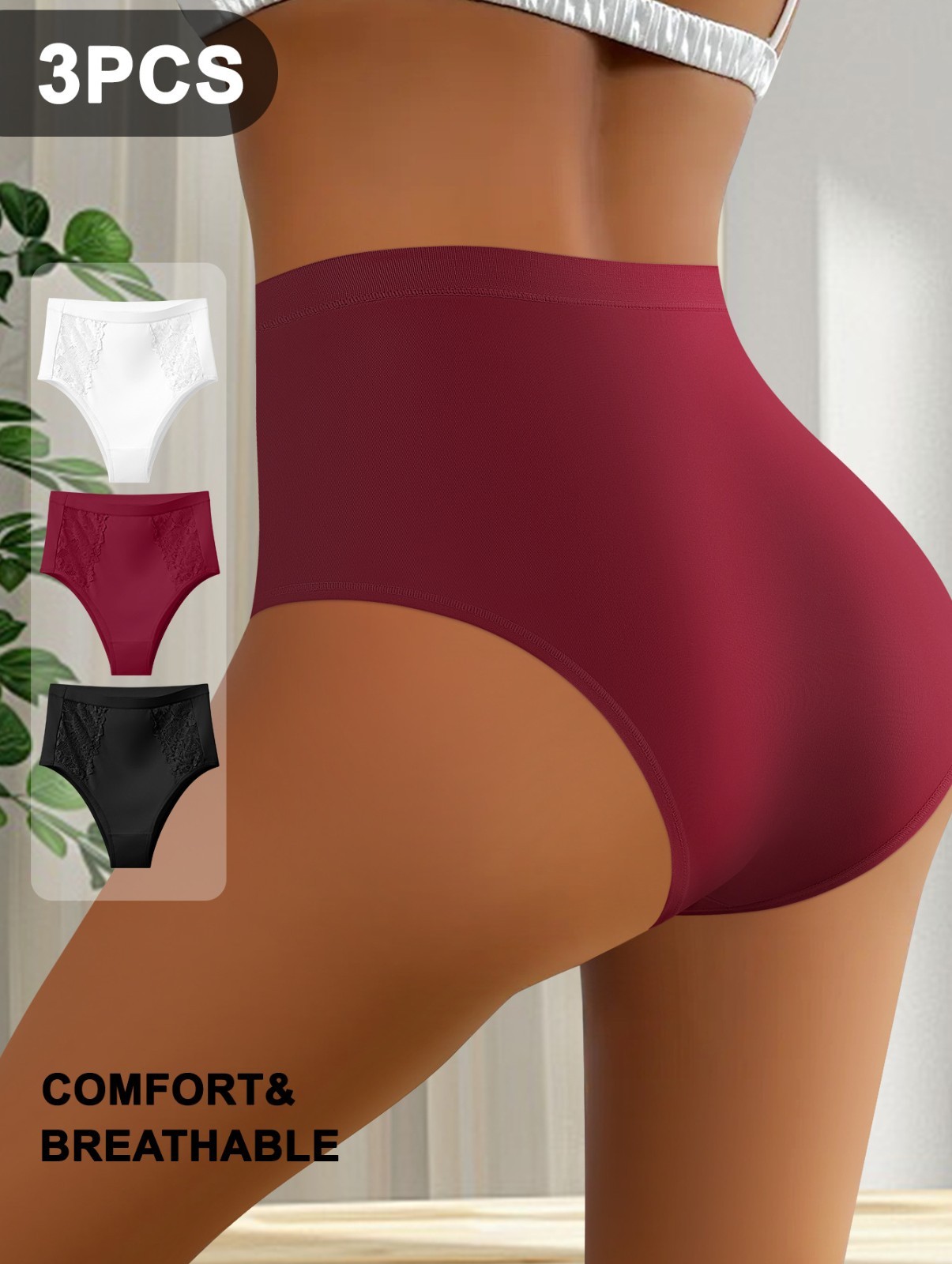 3 Pack High Waist Lace Thong Panties – Milk Silk Breathable Cotton Gusset S-2XL