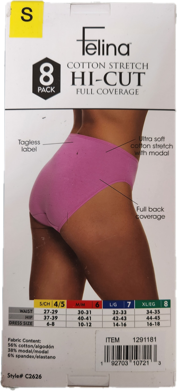 Felina Ladies’ SMALL Cotton Stretch Brief or Hi Cut 8 PACK Full Coverage, NEW