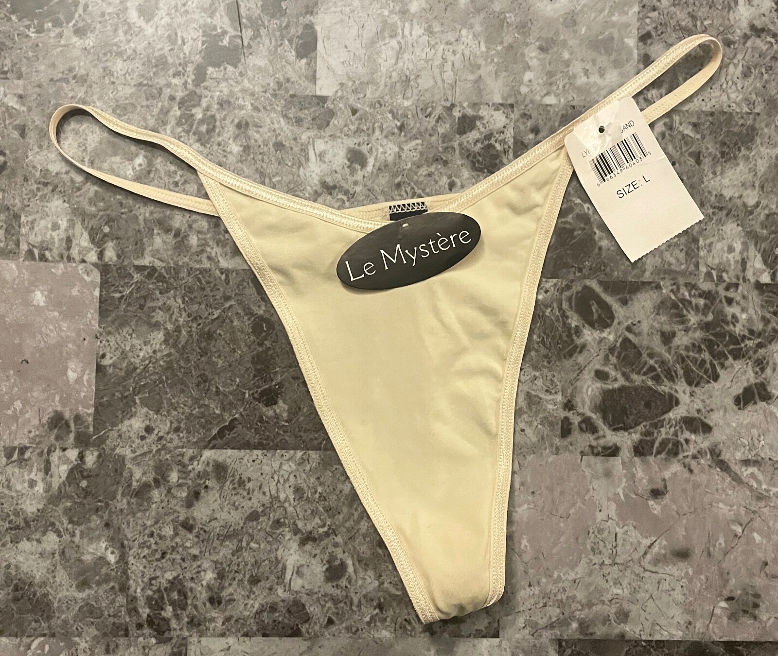 NWT LE MYSTERE L BEIGE NUDE NYLON SPANDEX BLEND VINTAGE RARE V STRING PANTIES