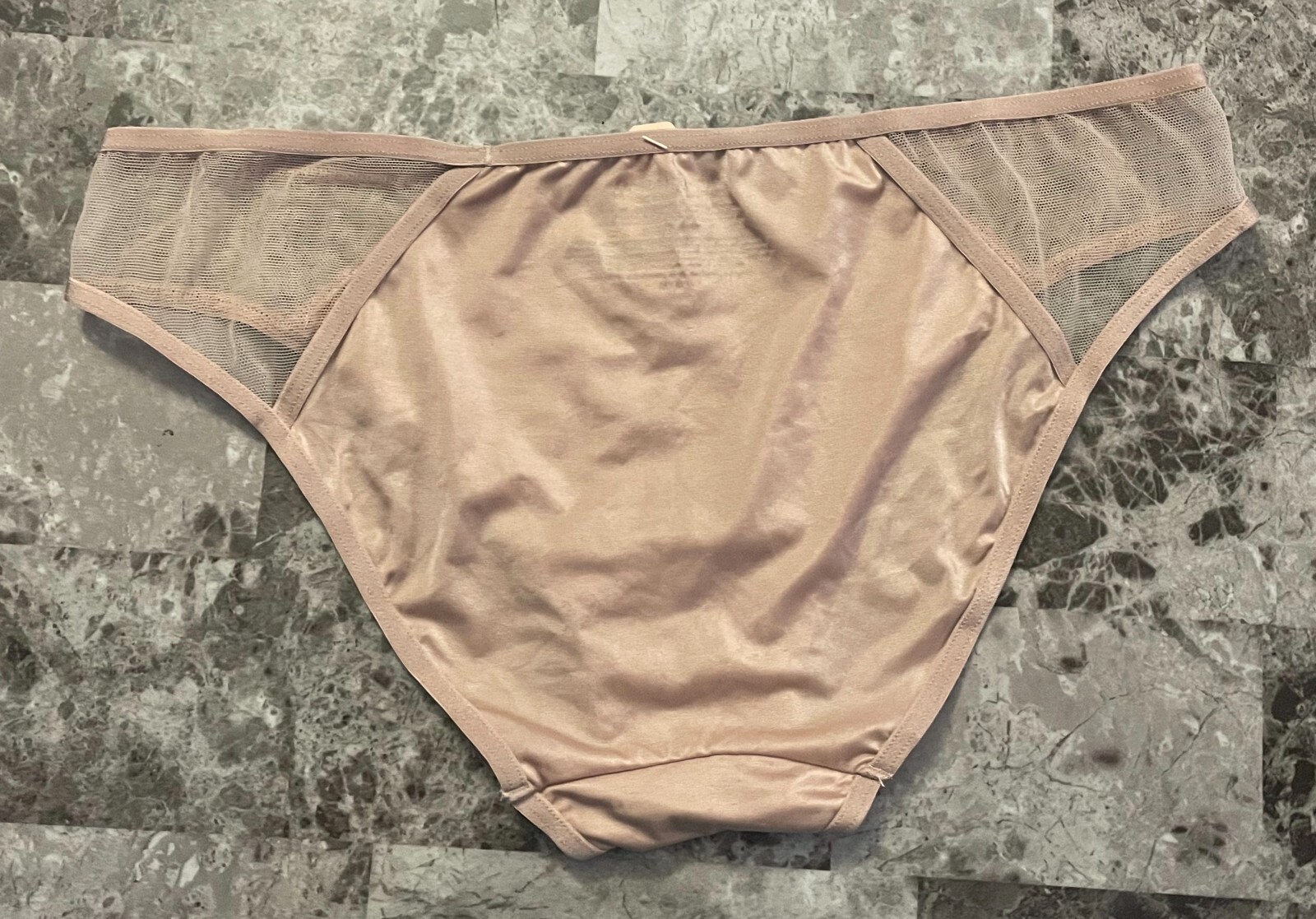 NWT VICTORIA’S SECRET M SATIN SMOOTH BEIGE MAUVE SHEER MESH RARE BIKINI PANTIES