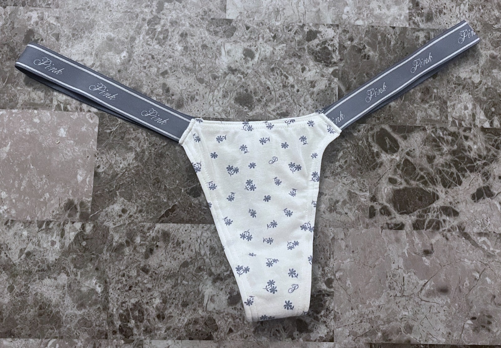 NWT VICTORIA’S SECRET PINK BLUE FLORAL MICRO TINY LOGO SIDE STRAPS THONG PANTIES