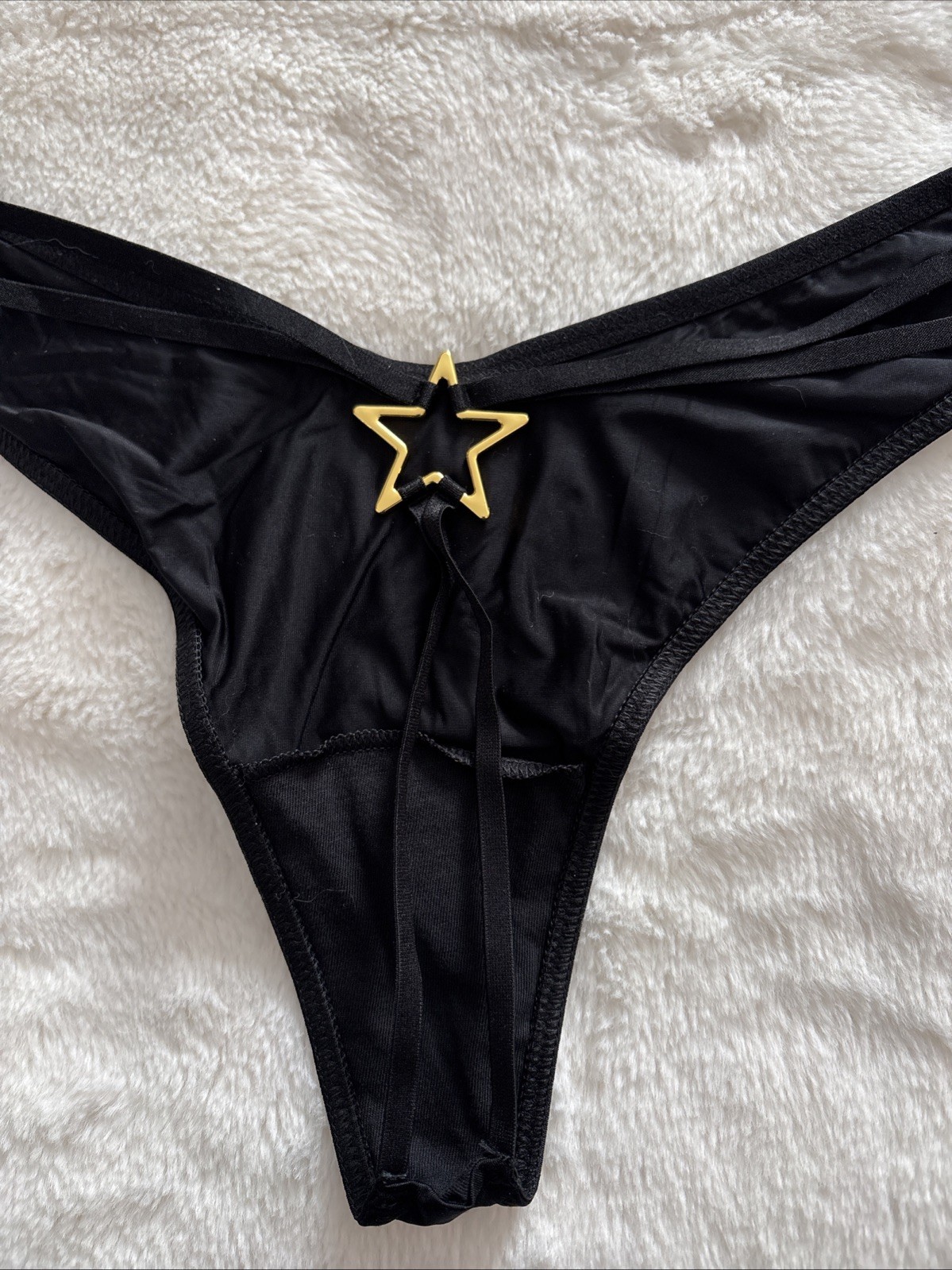 Victoria’s Secret Panties Thong Panty Strappy Star Starstruck Black Satin Medium