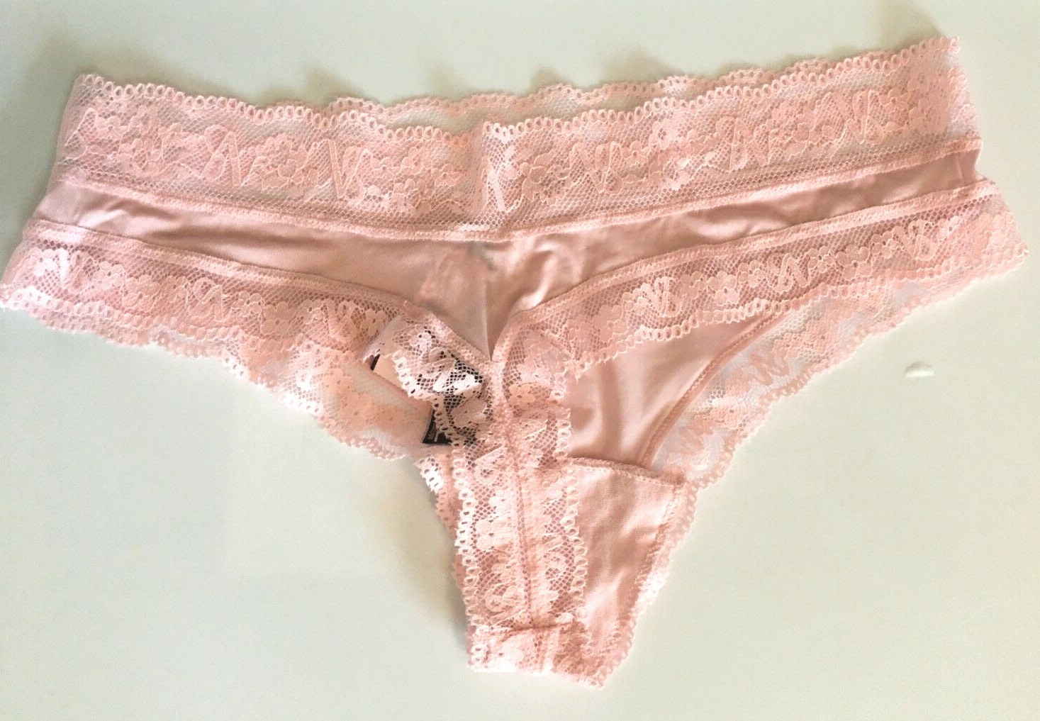 Victorias Secret Pink Thong Panties Size M VS Logo Lace Trim Silky Solid Body