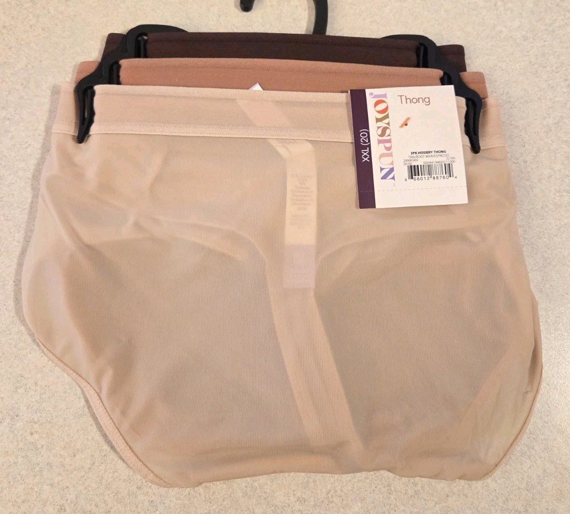 Joyspun Women’s XXL 20 Hosiery Thong Panties 3-PACK Beige Tan Brown #10726