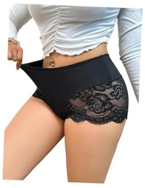 Women’s Plus Size Contrast Lace Boyshorts Mid Rise Tummy X-Large Plus Black