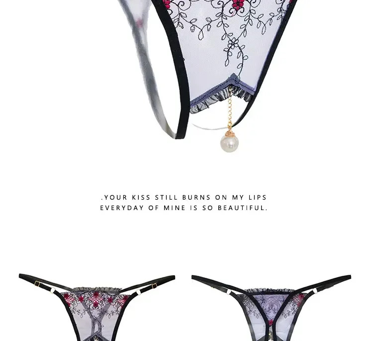 Pearl Pendant Crotchless Open Thongs Women Lace Transparent Embroidery G String