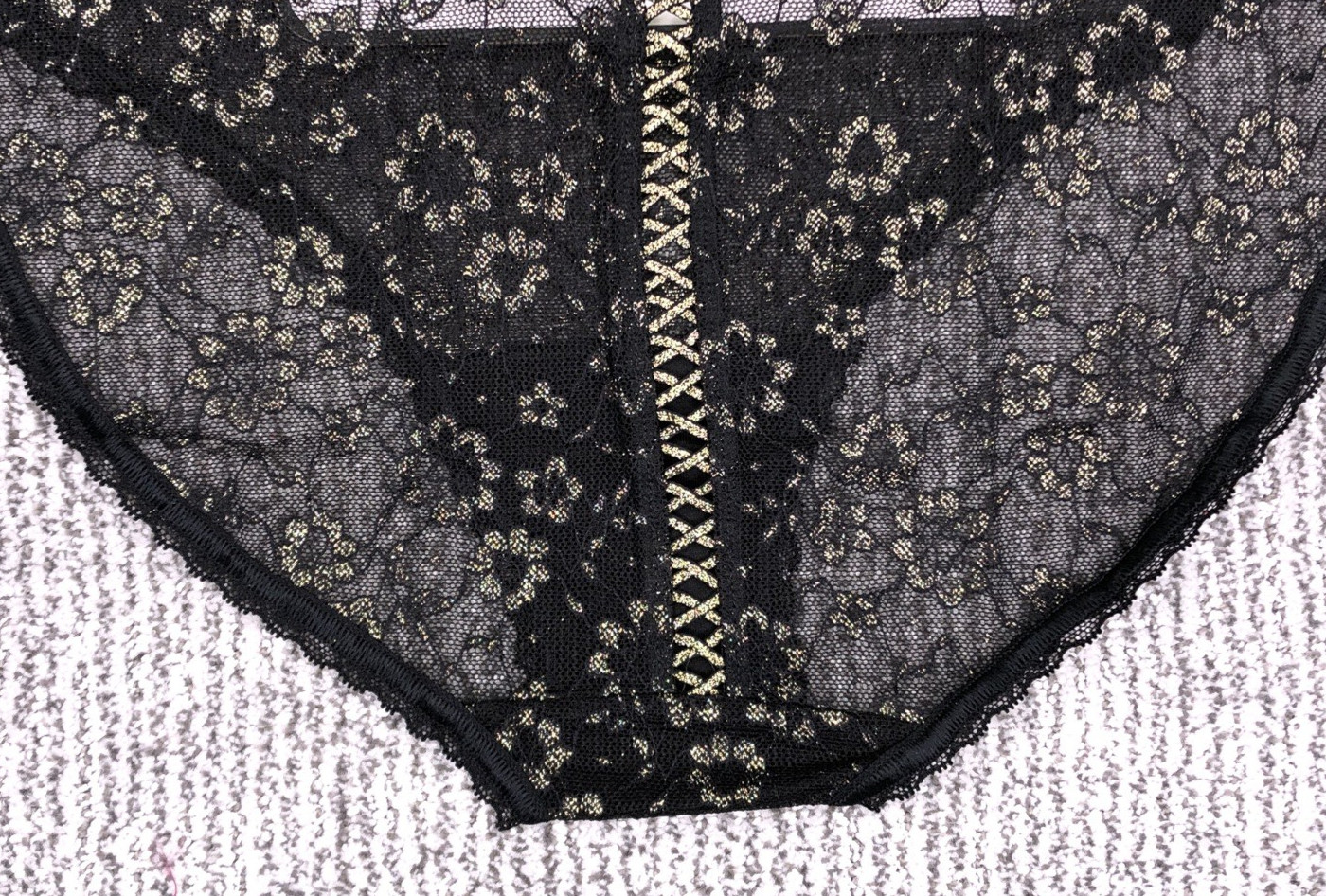 Victorias Secret NWT XXL Black Floral Lace Up Bikini Panty Shimmer Lacie 2XL