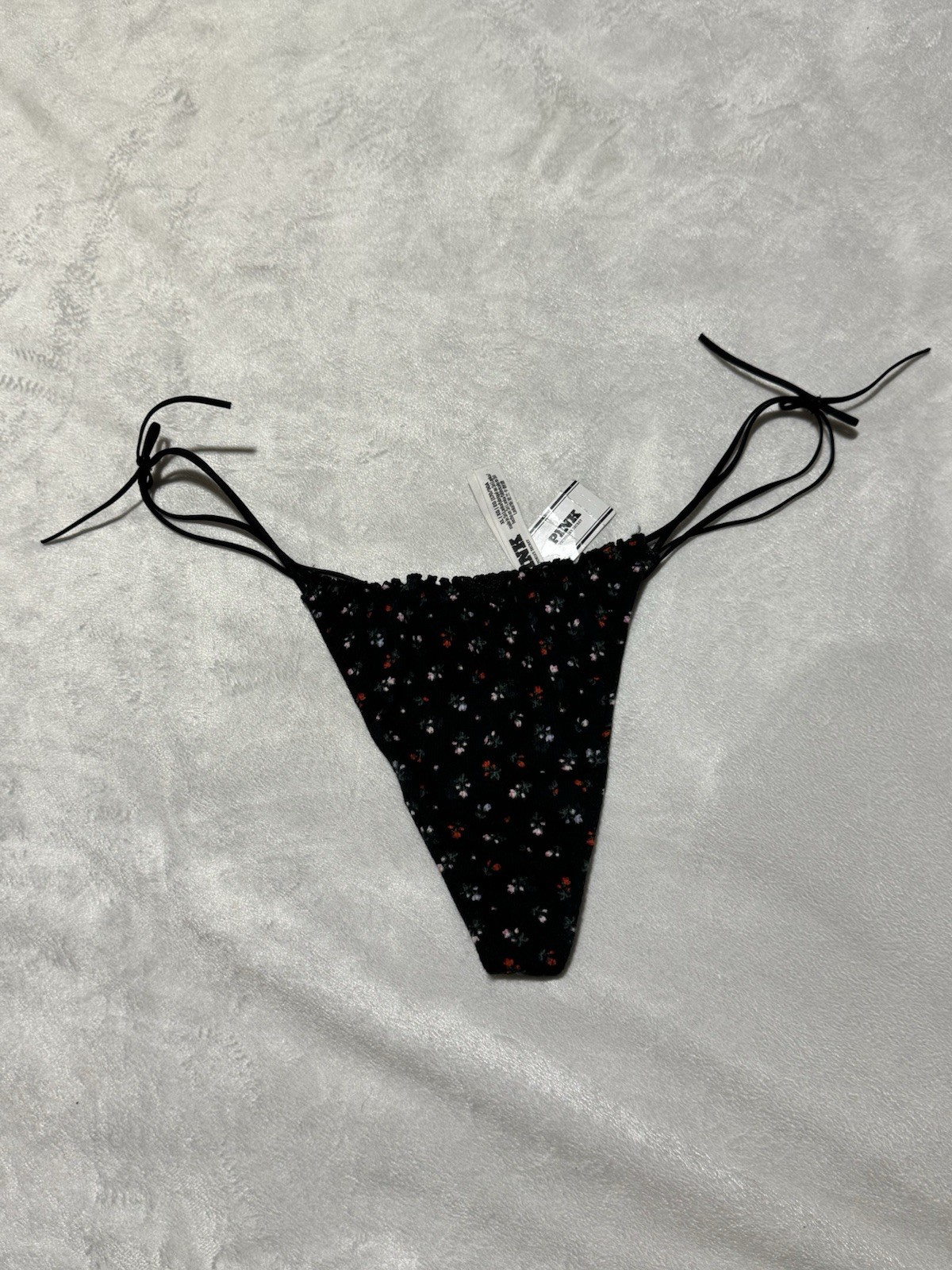PINK Victoria’s Secret Floral Side Tie Thong Panty Black Ditsy Flower NWT