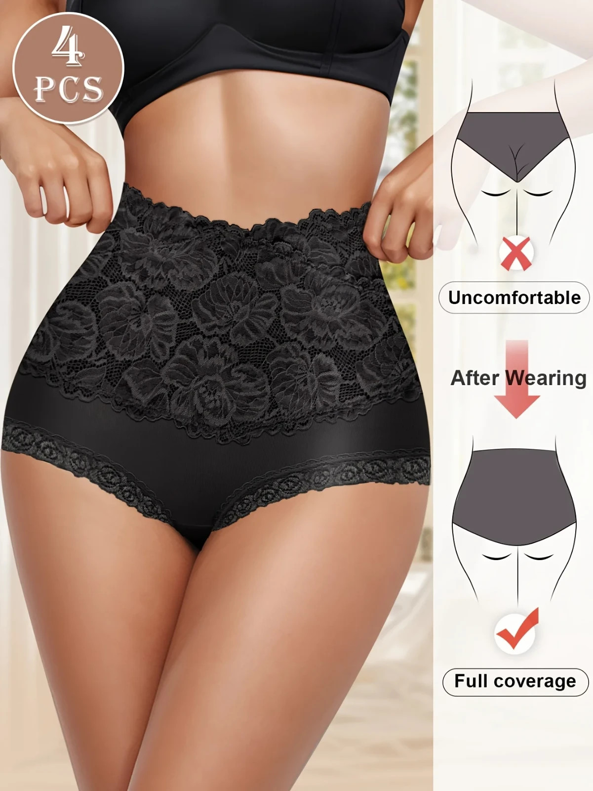 4pcs High Waist Cotton Jacquard Pattern Sexy Lace Hip Lift Shape Briefs Panties